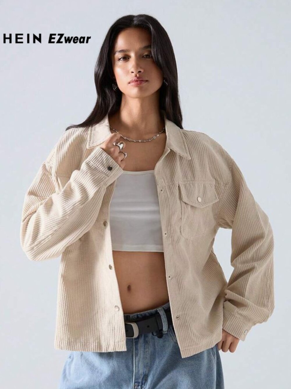 SHEIN EZwear Apricot Flap Pocket Button Front Corduroy Jacket